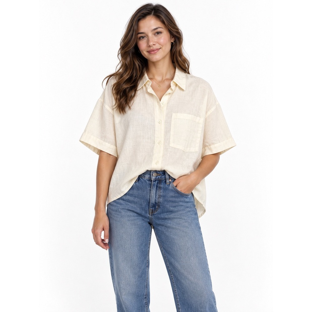 PrettyLittleThing Stone Linen Look Oversize Boxy Short Sleeve Shirt US 8 NEW